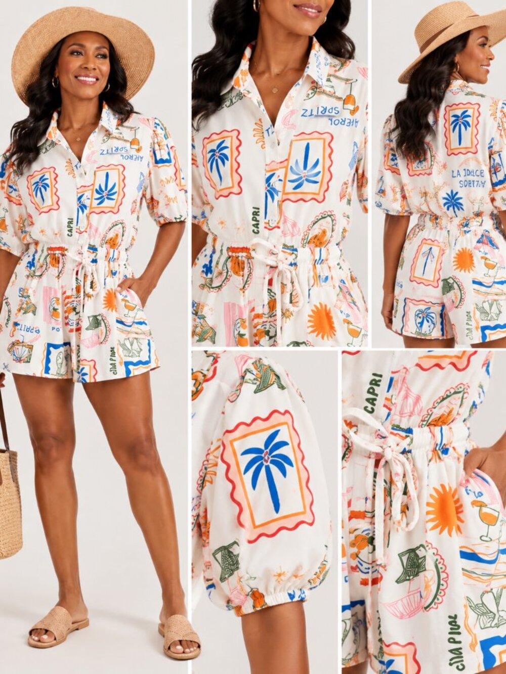 Label of Love Capri Print Romper Sz M Resortcore Coastal Button Front Shorts